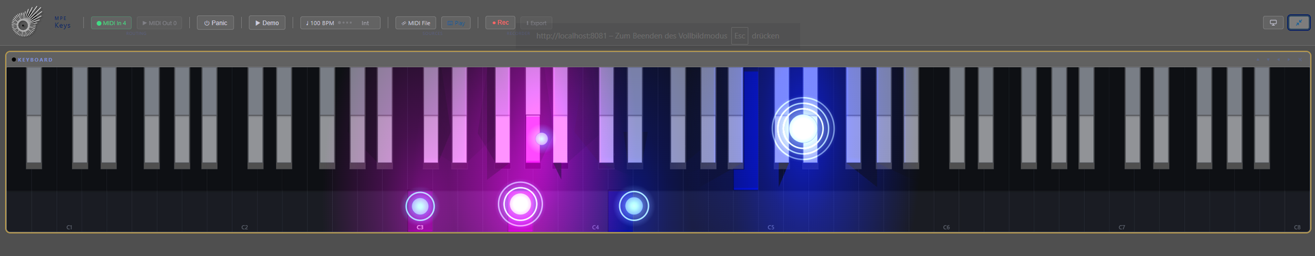 The Microtonal design on a grey window: every key split into a front and a back field so a quarter tone sits behind each one, with glowing rings under the held keys and a wide white ring above them.