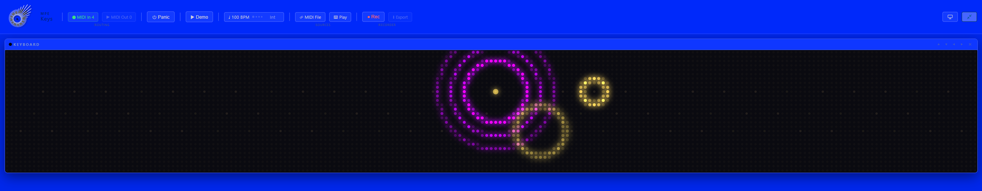 The Pixel Grid design in its Accordion layout on a blue window: the LED raster as a chromatic button field, three semitones to a column, with magenta and amber rings rippling out across the cells.