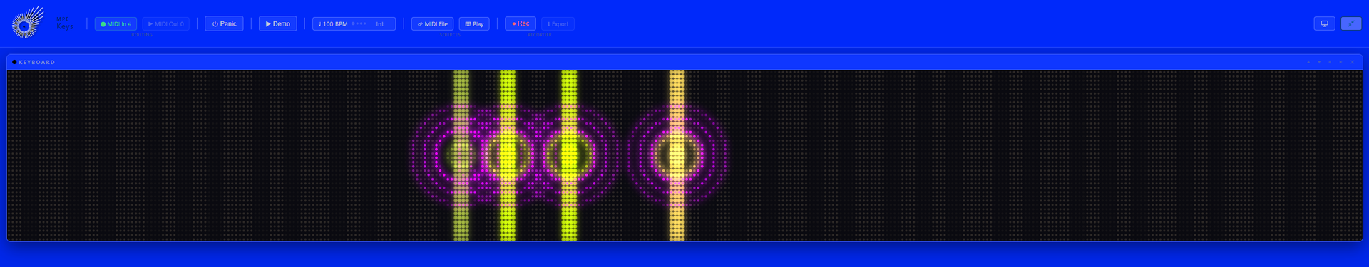 The Pixel Grid design in its Fingerboard layout on a blue window: the same LED raster, four held notes each lighting a yellow column the full height of the panel, with magenta rings rippling out around them.