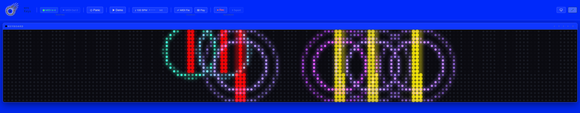 The Pixel Grid design in its Piano layout on a blue window: the keyboard as a raster of dim LEDs, held keys lit as solid red and yellow columns in the keyboard's own silhouette, with ripple rings spreading around them.