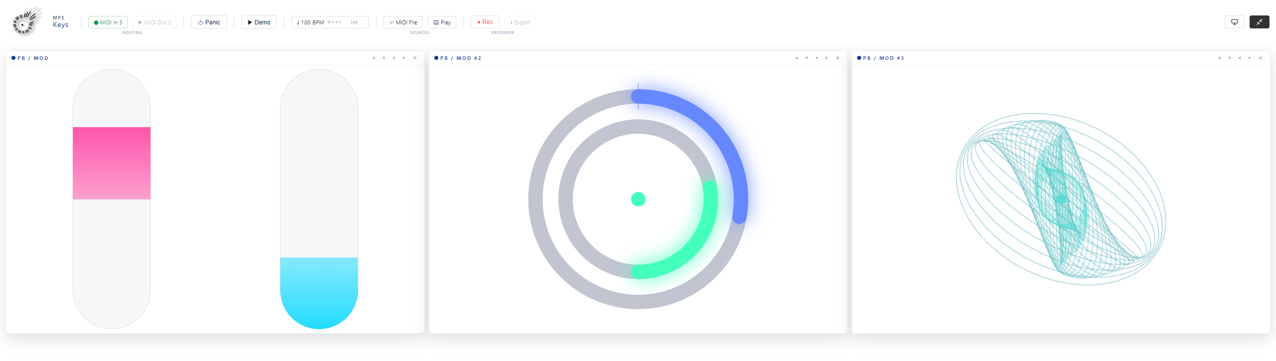 Two PB / Mod modules side by side in one window. On the left the Radial style: two concentric arcs around a centre dot, the outer one magenta for pitch bend, the inner one cyan for modulation. On the right the Classic style: two tall rounded sliders, the left one blue and filled to the middle, the right one green and raised from the bottom.