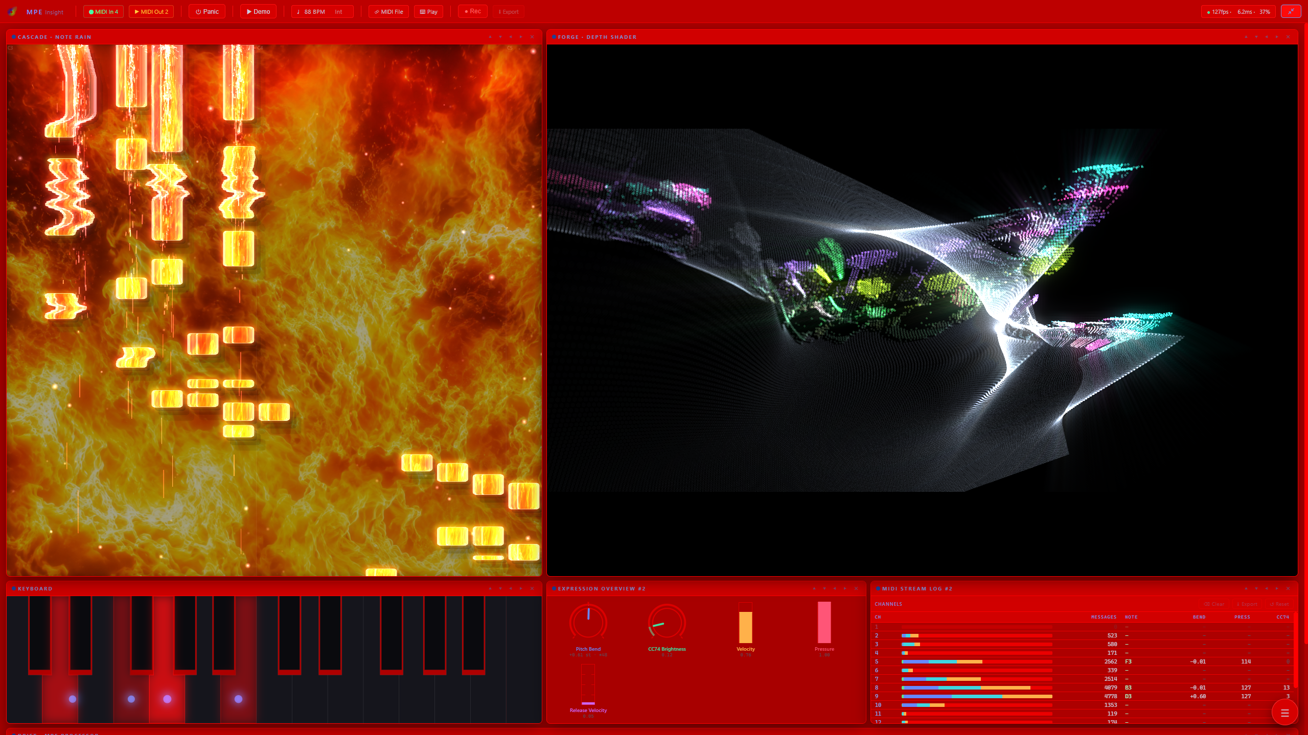 CASCADE flames beside FORGE Point Cloud, ten impact layers stacked at the key line, under a red transparent background.