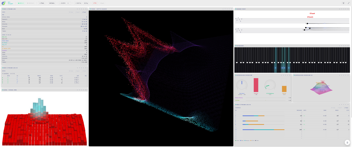 Another workspace: the Stream Log Stats and Notes views on the left under a red AURA block terrain, a red and cyan FORGE point cloud in the middle, and the Grand Staff with chord symbols, the Keyboard and two Expression Overviews on the right.