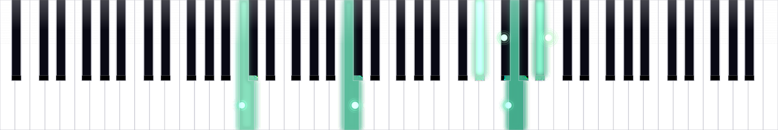 The Glass design: dark polished keys with a gradient down their length; the five held keys, a C octave and an E flat major triad, glow mint green.