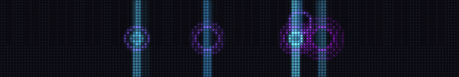 The Pixel Grid design: the keyboard as a raster of dim LEDs seen from above, each held note lighting a violet ring of them.