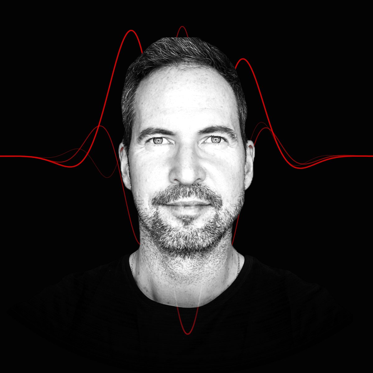 Christophe Kalkau, black and white portrait, a red waveform behind him